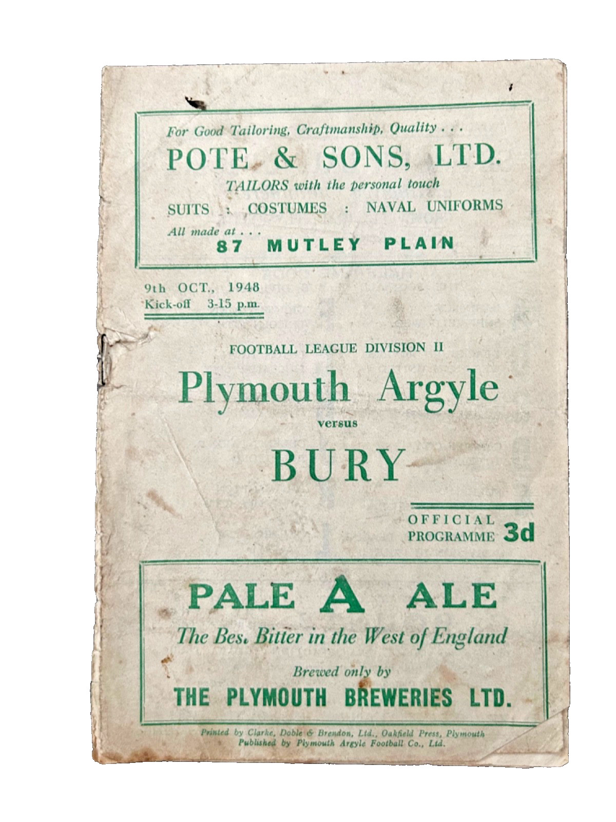 Vintage 1948/49 Plymouth Argyle v Bury football programme for sale on Ebay
