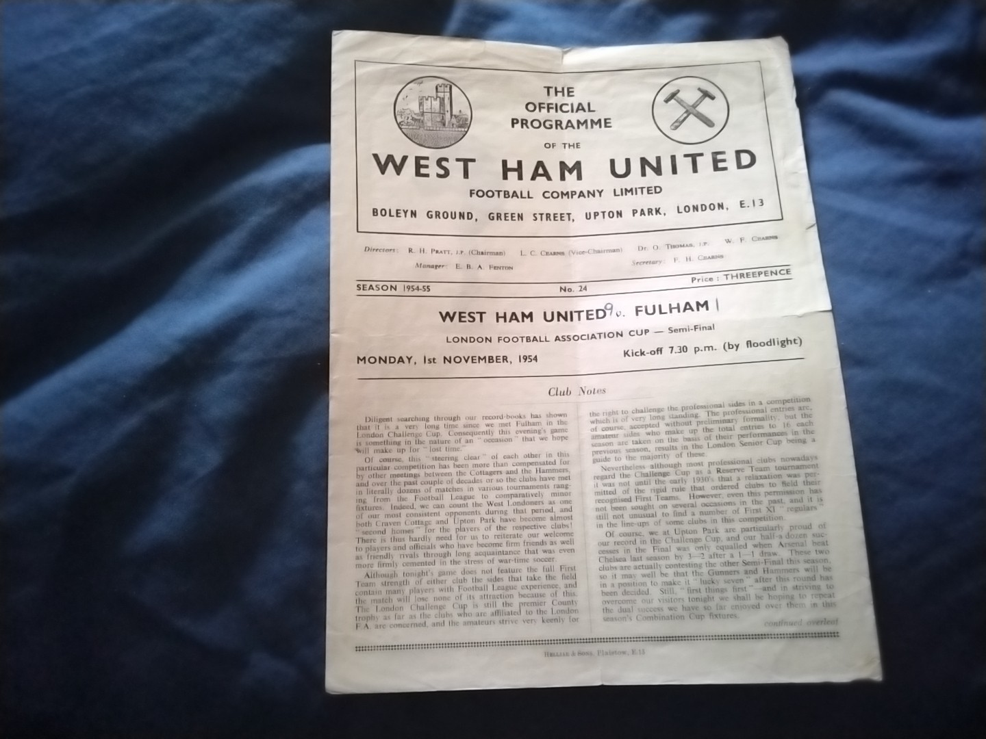 WEST HAM  UTD  v  FULHAM -  1/11/54 = LONDON  CUP  SEMI FINAL -  JIM BARRETT for sale on Ebay