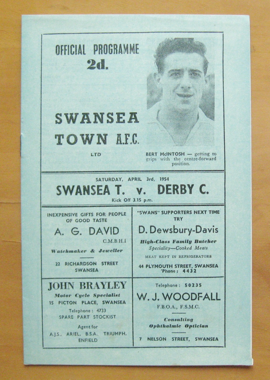 SWANSEA TOWN v DERBY COUNTY 1953/1954 *Excellent Condition Football Programme* for sale on Ebay
