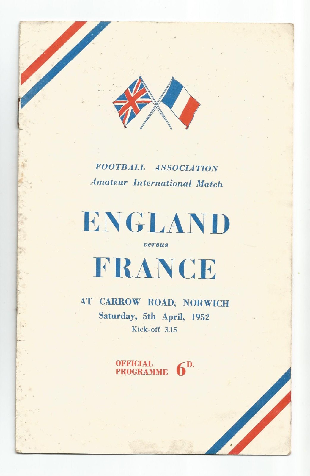 NORWICH CITY GROUND - ENGLAND v FRANCE AMATEUR INTERNATION 1951-52 FOOTBALL PROG for sale on Ebay