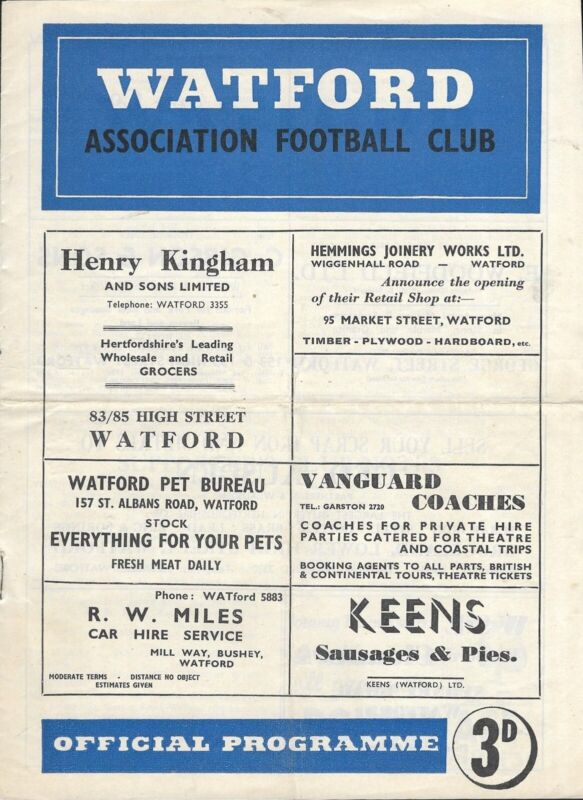 Watford v Millwall. Division 3. 1951-1952 for sale on Ebay
