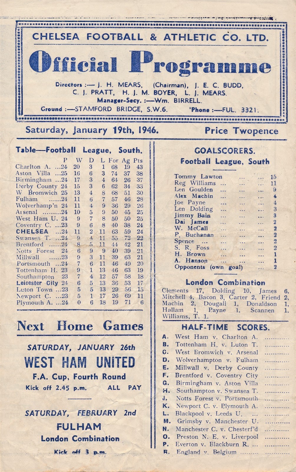 Chelsea v Leicester City (War League South 19.01) 1945/1946 for sale on Ebay