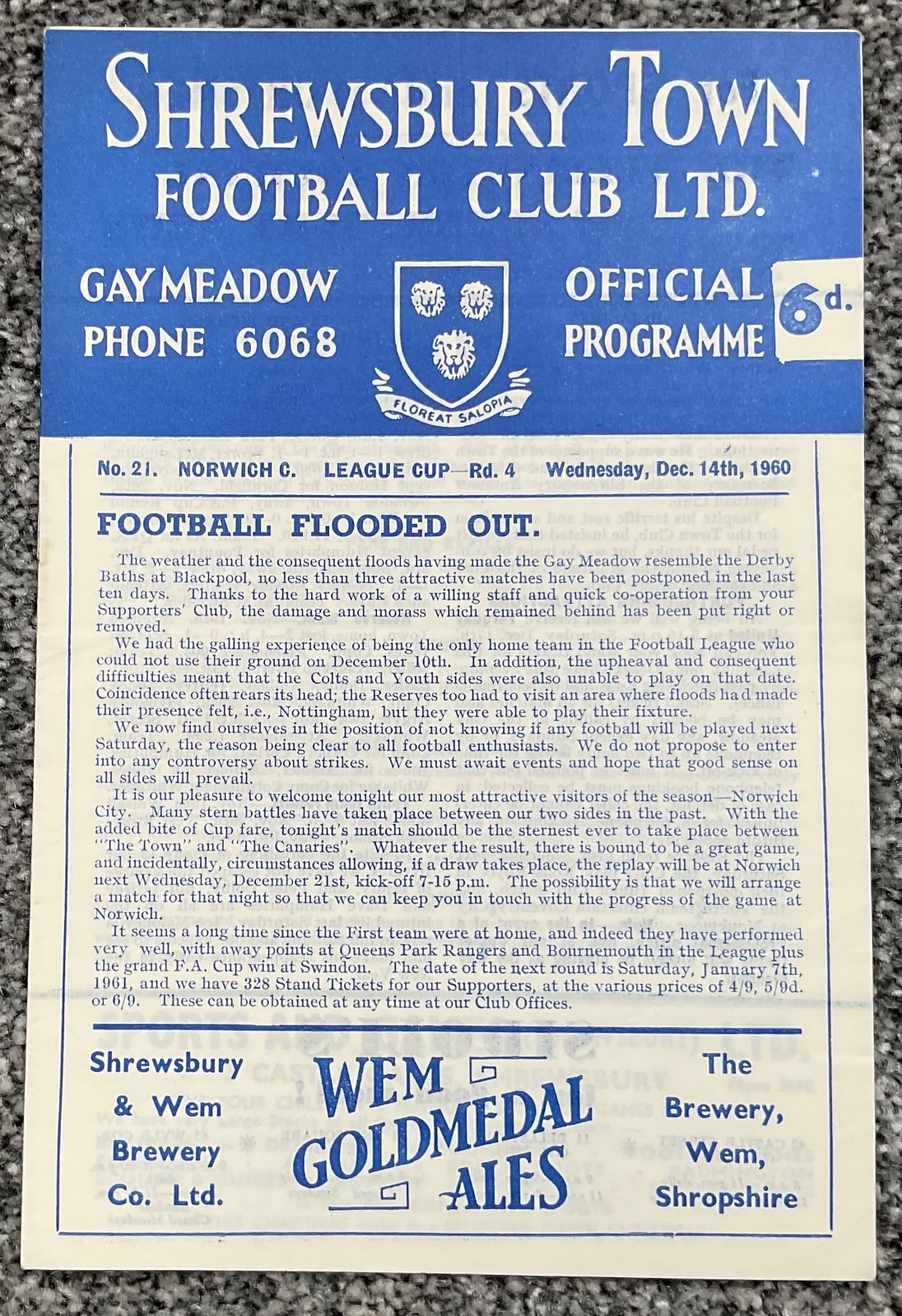 RARE - Shrewsbury Town v Norwich City (1st Season League Cup) 1960/61 for sale on Ebay