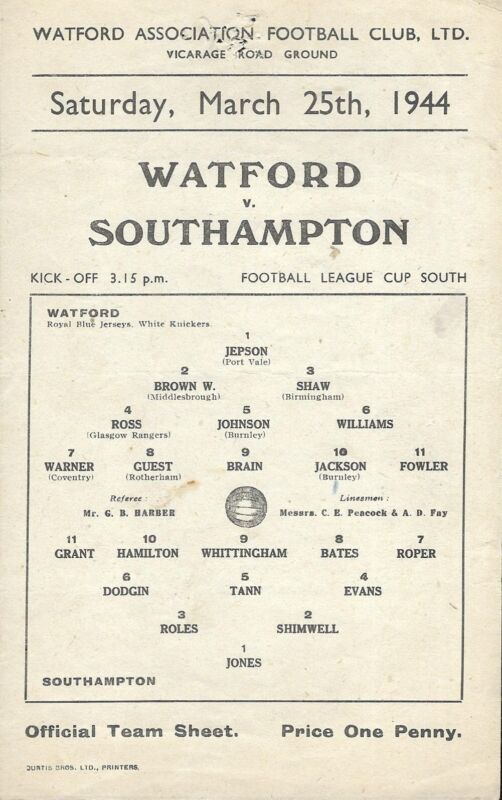 Watford v Southampton. Football League Cup South. 1943-1944 for sale on Ebay