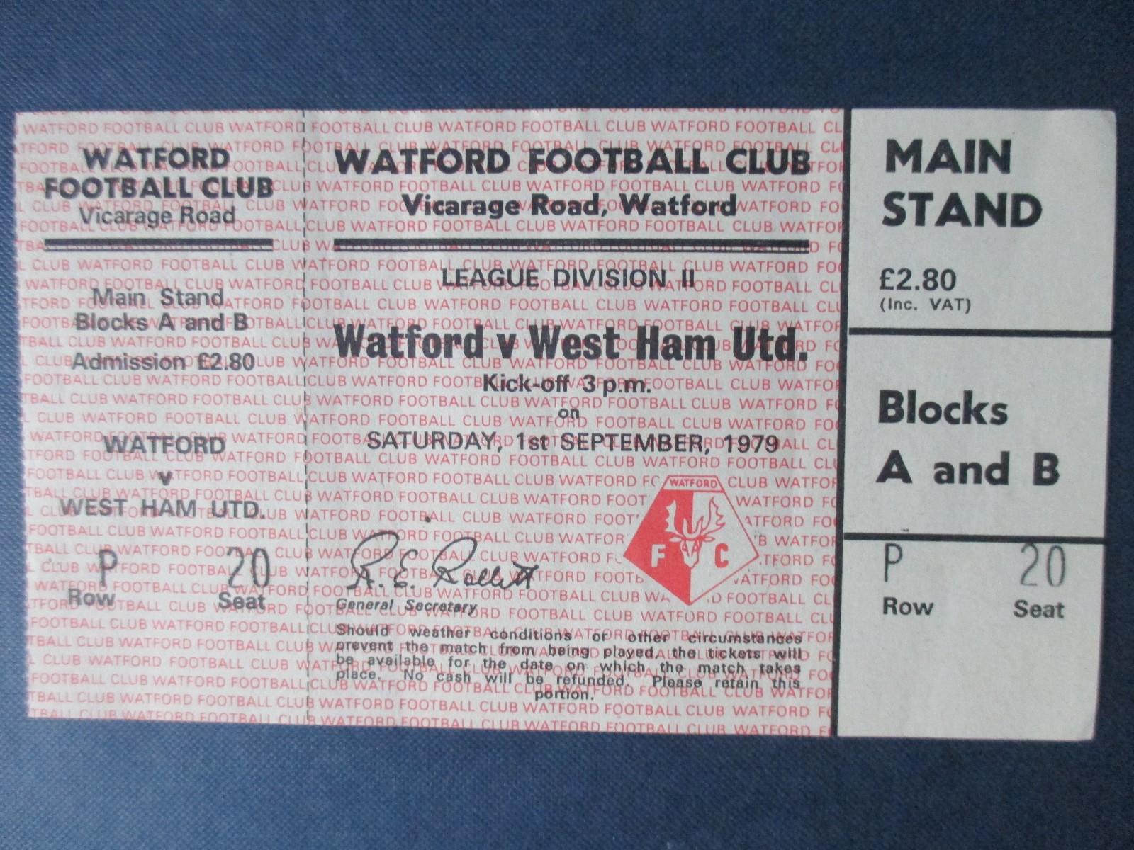 Watford v West Ham United Second Division 1979 complete & unused ticket stub vgc for sale on Ebay
