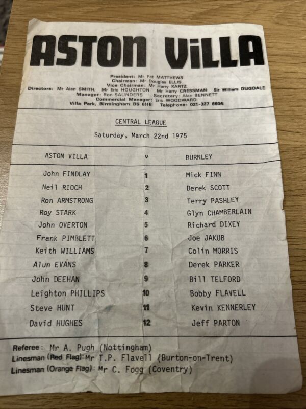 Aston Villa Reserves V Burnley Reserves 1974/75 for sale on Ebay