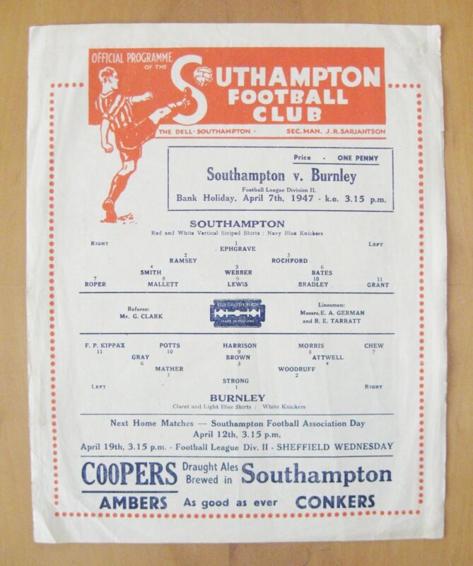 SOUTHAMPTON v BURNLEY 1946/1947 *Good Condition Football Programme* for sale on Ebay