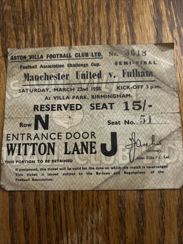 Manchester United V Fulham FA Cup Semi Final 1957/58 Match Ticket for sale on Ebay