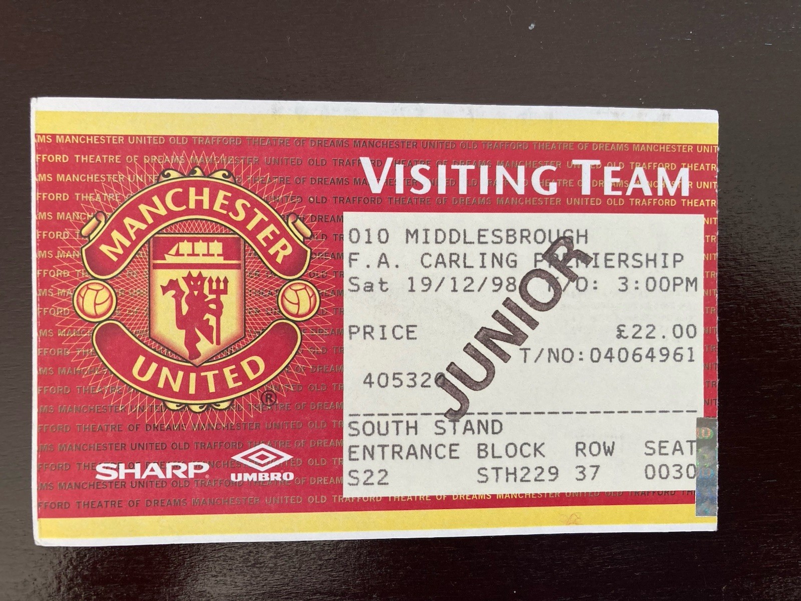 Manchester United V Middlesbrough FA Premiership 1998 Ticket Stub for sale on Ebay