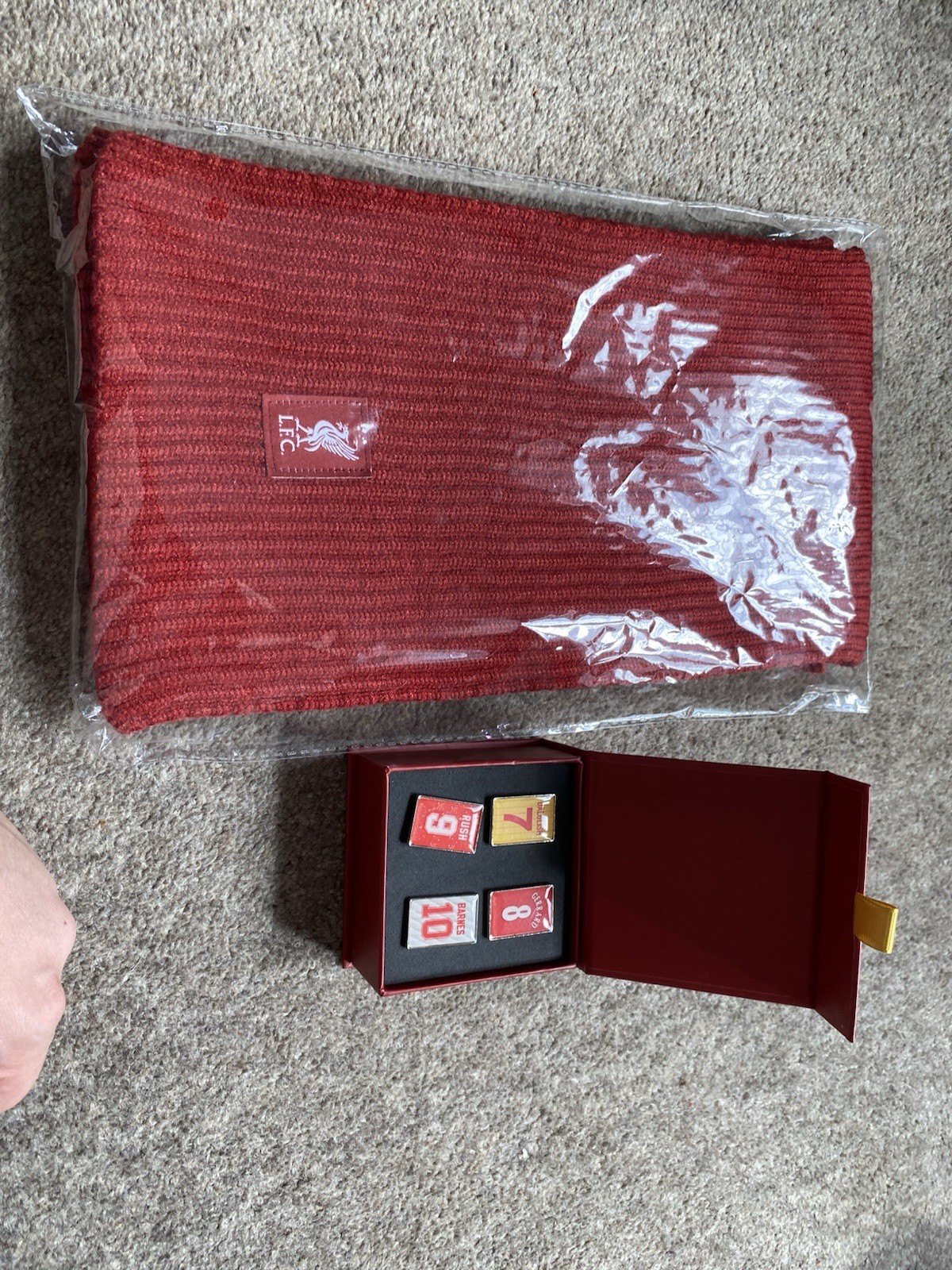 Liverpool Membership Gifts-LFC scarf & 4x Pins - Rush, Gerrard, Barnes, Dalglish for sale on Ebay