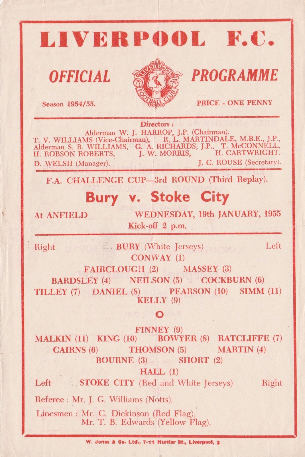 RARE ONE-SHEET FOOTBALL PROGRAMME BURY V STOKE CITY FA CUP AT LIVERPOOL  1954-55 for sale on Ebay