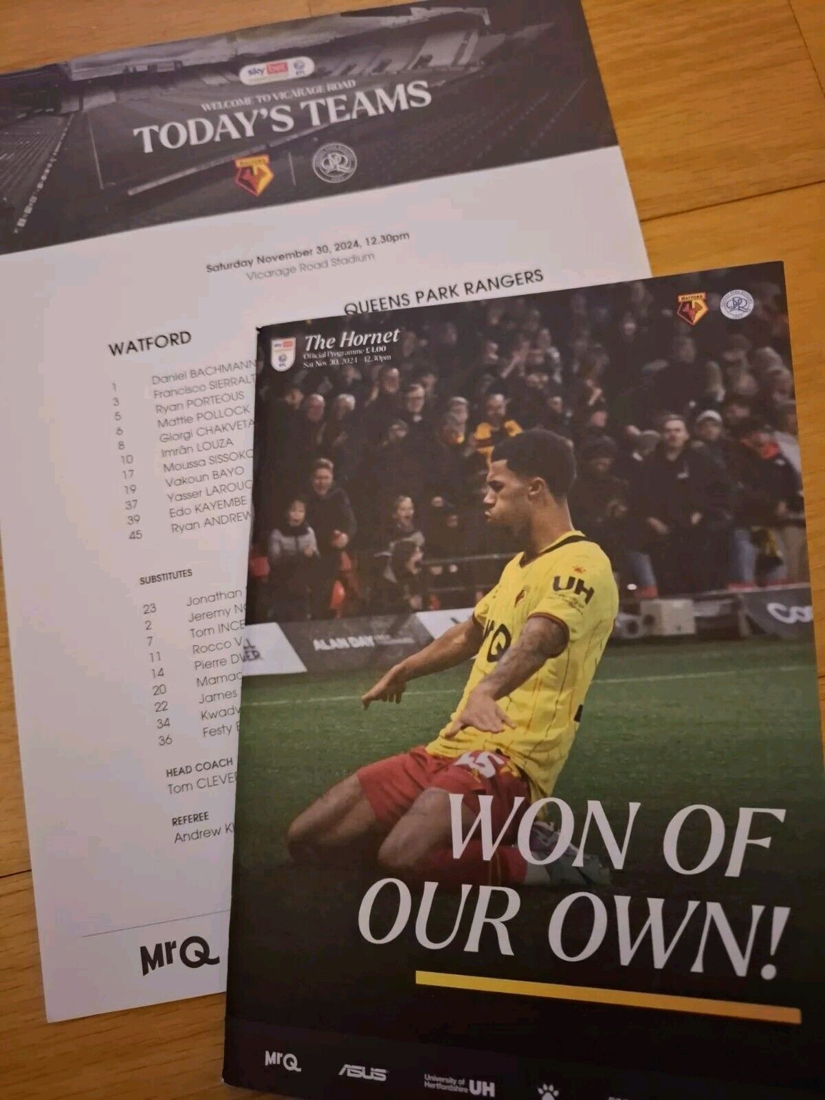 Watford v QPR OFFICIAL  PROGRAMME + TEAMSHEET 30.11.2024. for sale on Ebay