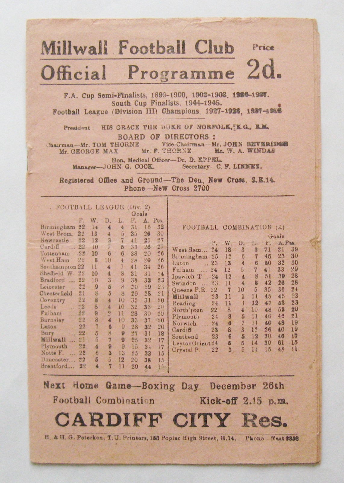 MILLWALL v BIRMINGHAM CITY 1947/1948 *Good Condition Football Programme* for sale on Ebay