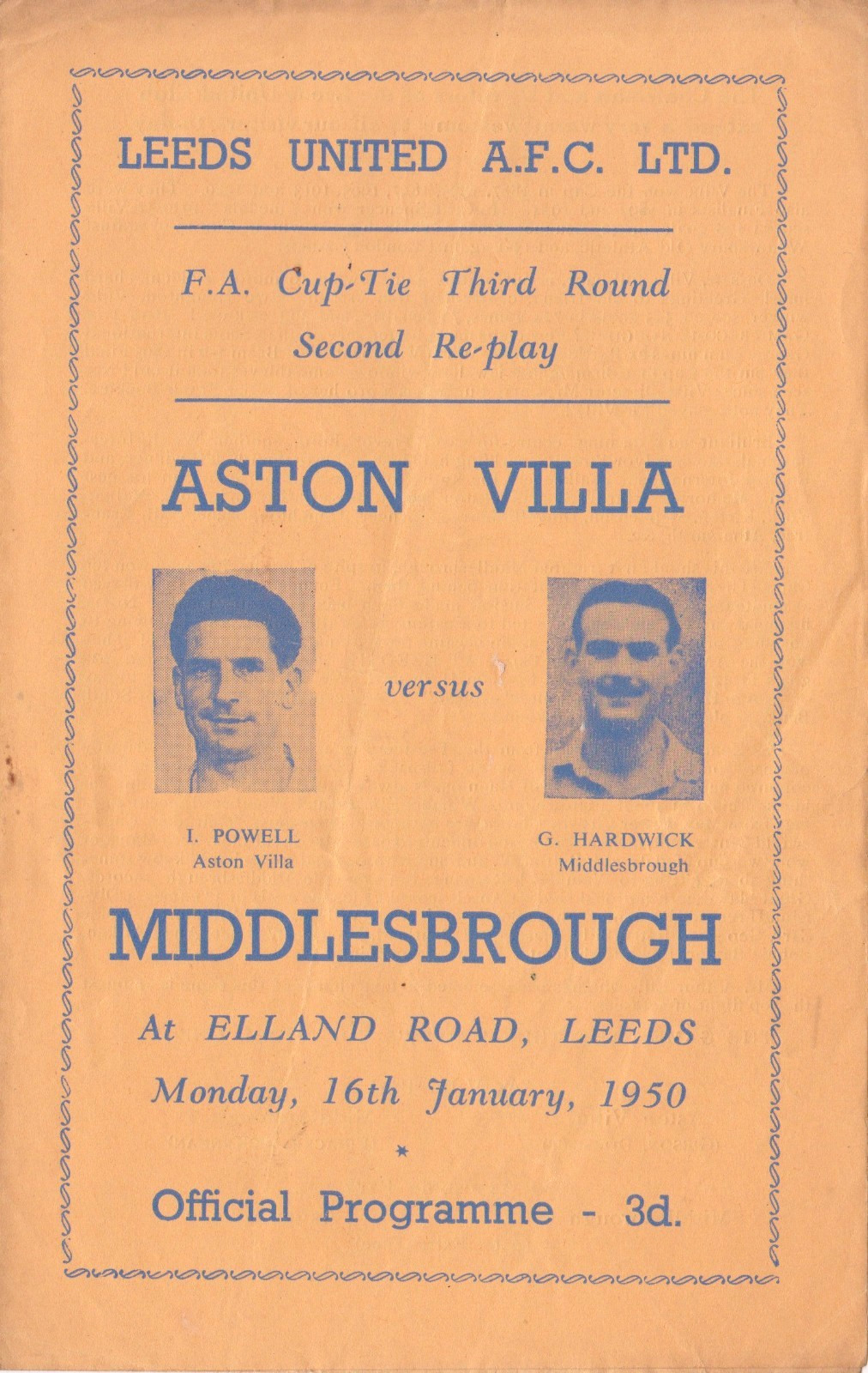 FOOTBALL PROGRAMME ASTON VILLA MIDDLESBROUGH FA CUP REPLAY AT LEEDS UNITED 1950 for sale on Ebay