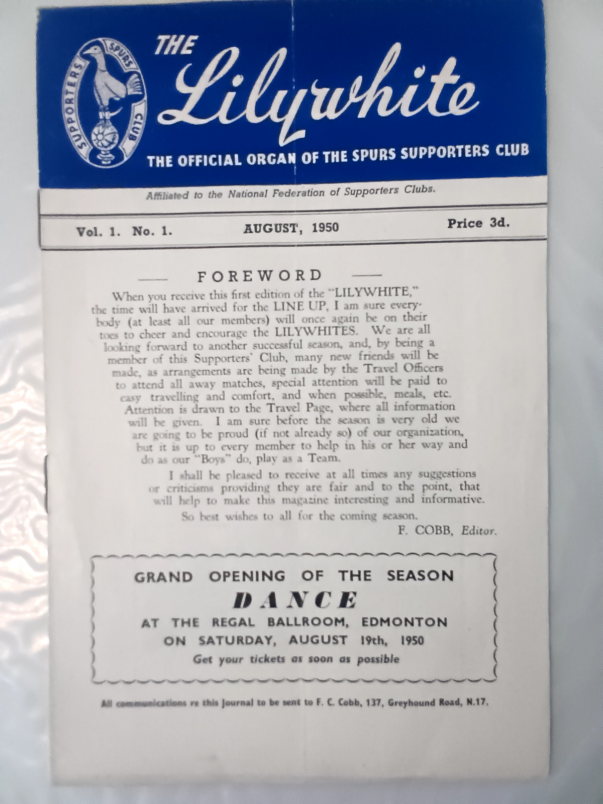 TOTTENHAM HOTSPUR LILYWHITE MAGAZINE VOl.1 NUMBER 1  AUGUST 1950 FIRST EDITION. for sale on Ebay