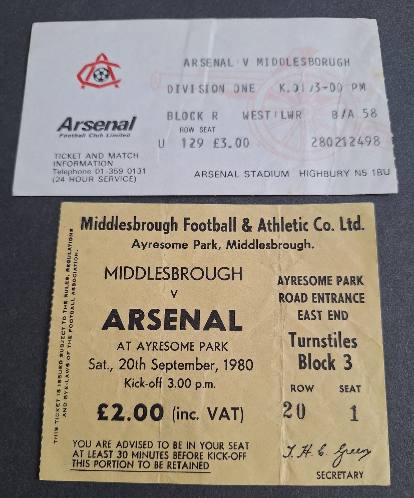 Arsenal versus Middlesbrough tickets home & away 1980/81 Season for sale on Ebay