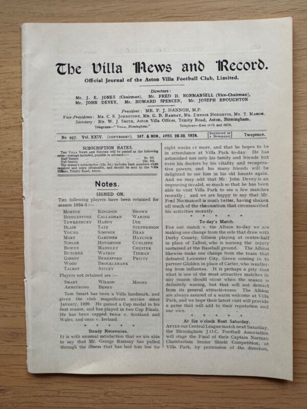 1933/34 Aston Villa v WBA West Bromwich 28 Apr 1934 - Leeds United 30 Apr -Div 1 for sale on Ebay