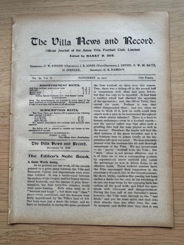 1910/11 Aston Villa v WBA West Bromwich Albion Reserves - 19 Nov 1910 for sale on Ebay