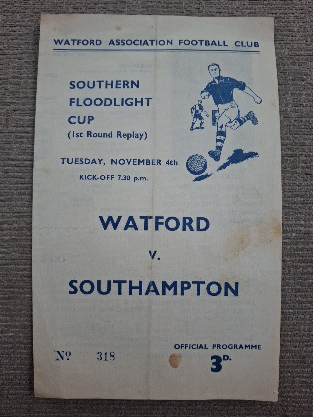 Watford v Southampton programme.  4/11/1958  Southern Junior Cup Replay  for sale on Ebay