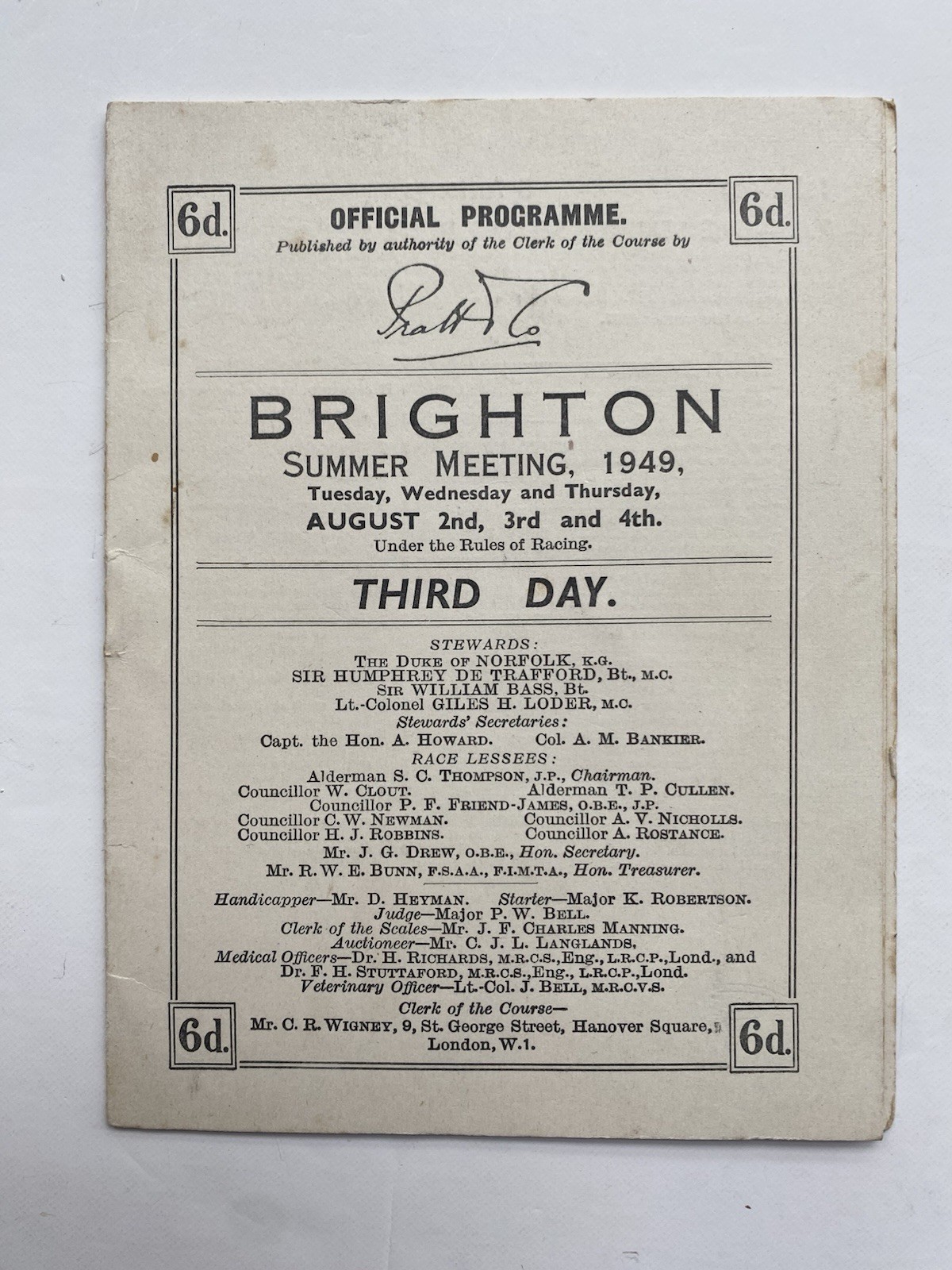 Brighton Horse Racing Official Programme Summer Meeting August 1949 for sale on Ebay