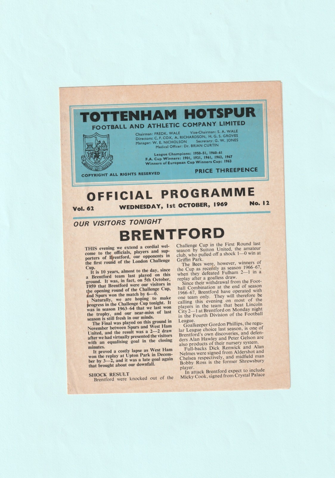 1969/70 LONDON CHALLENGE CUP : TOTTENHAM / SPURS v BRENTFORD 1ST OCTOBER 1969 for sale on Ebay