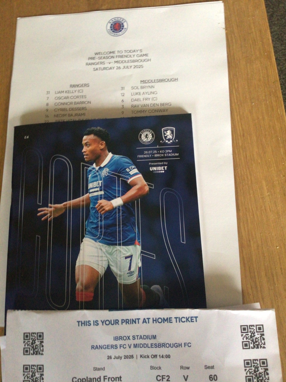 Rangers v Middlesbrough 26/07/202 Programme and team Sheet for sale on Ebay