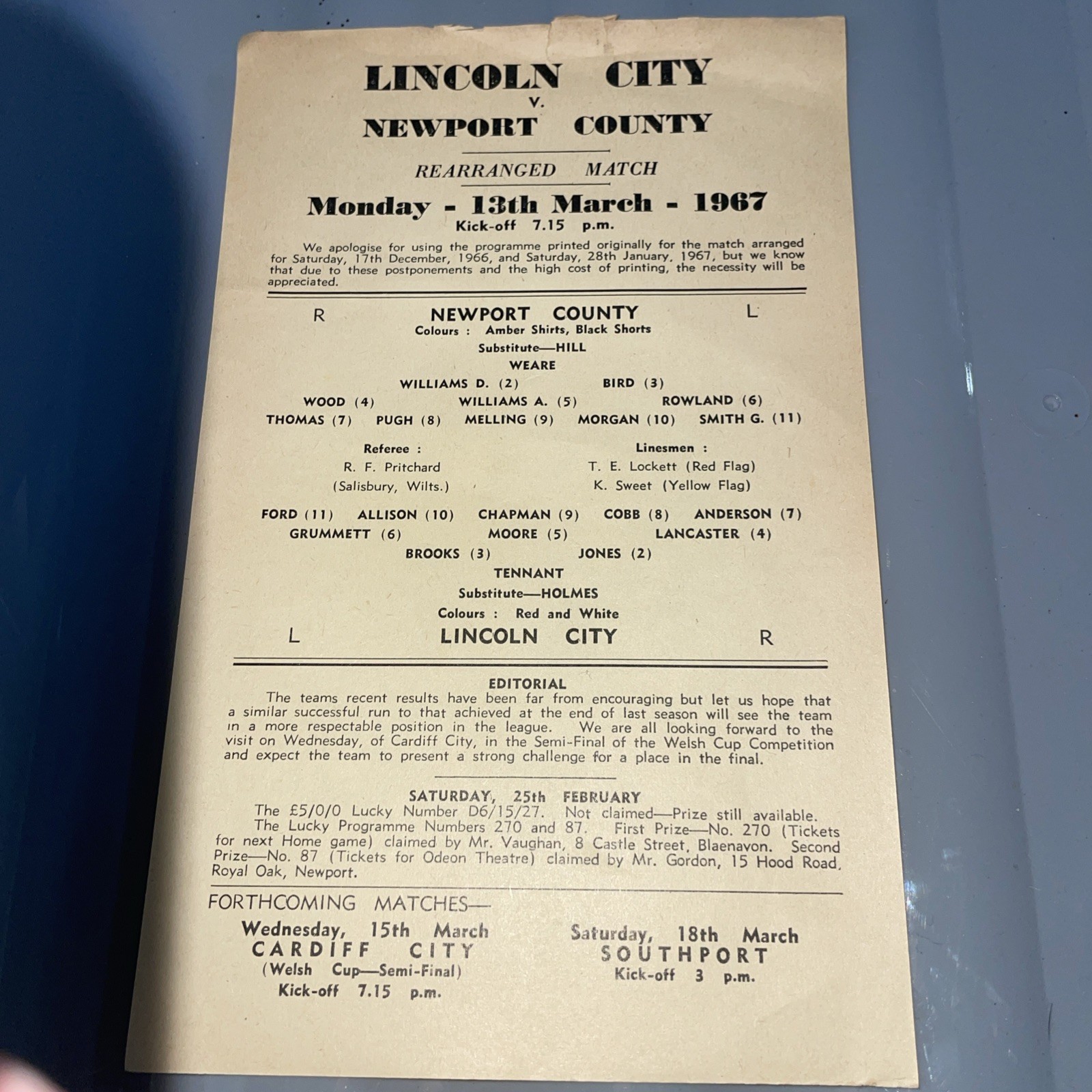 Newport County v Lincoln City postponed,single sheet programme,13/03/1967 Rare for sale on Ebay