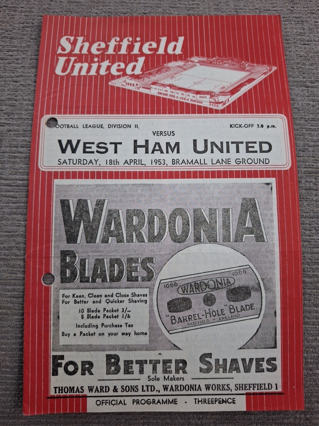 Sheffield United v West Ham United programme.  18/4/1953 for sale on Ebay