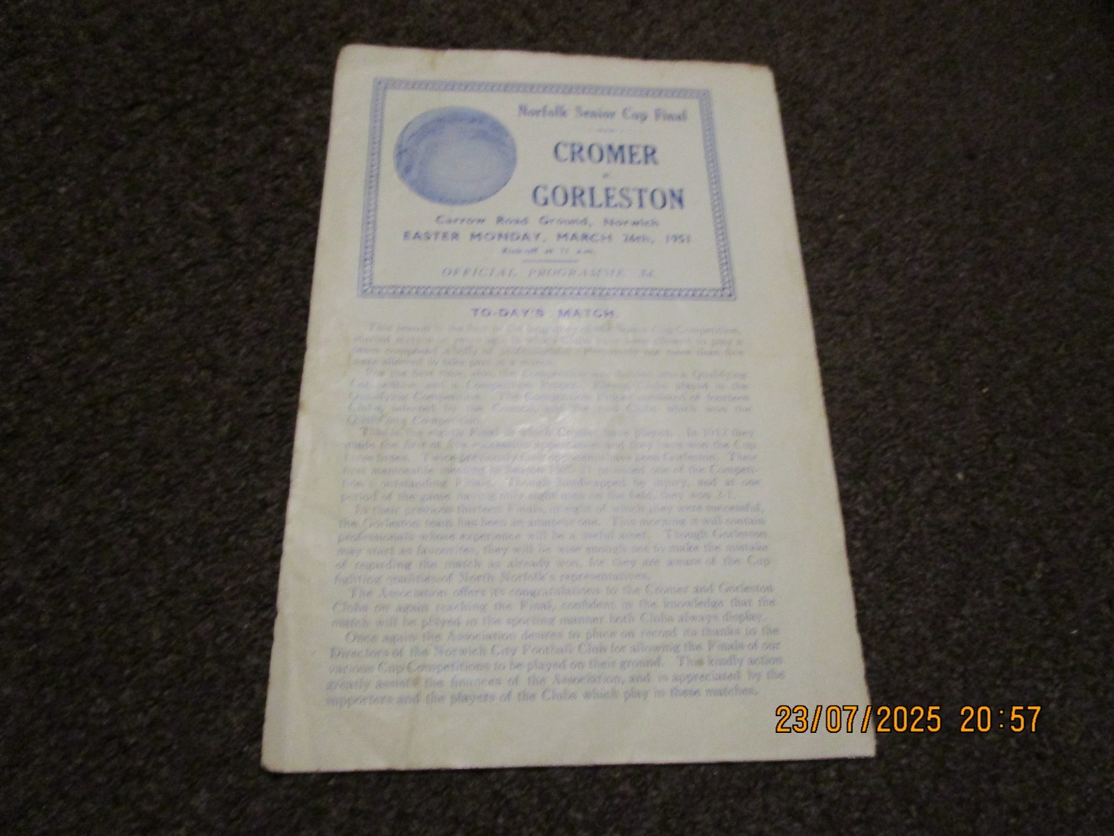 NORWICH : CROMER  v  GORLESTON  1950/1   NORFOLK SENIOR CUP FINAL  MAR 26  derby for sale on Ebay