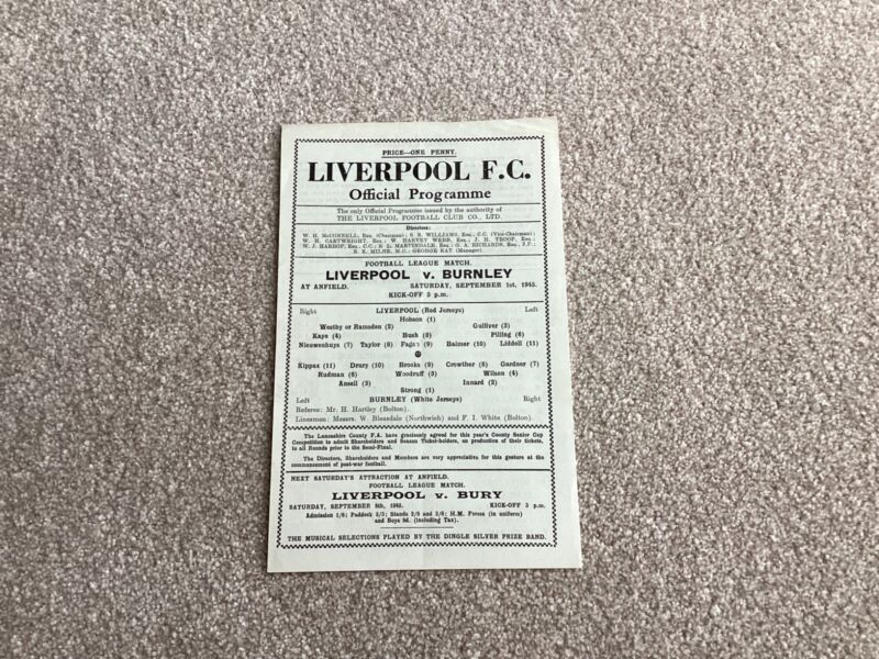 LIVERPOOL V BURNLEY 1945/46 S/SHEET for sale on Ebay