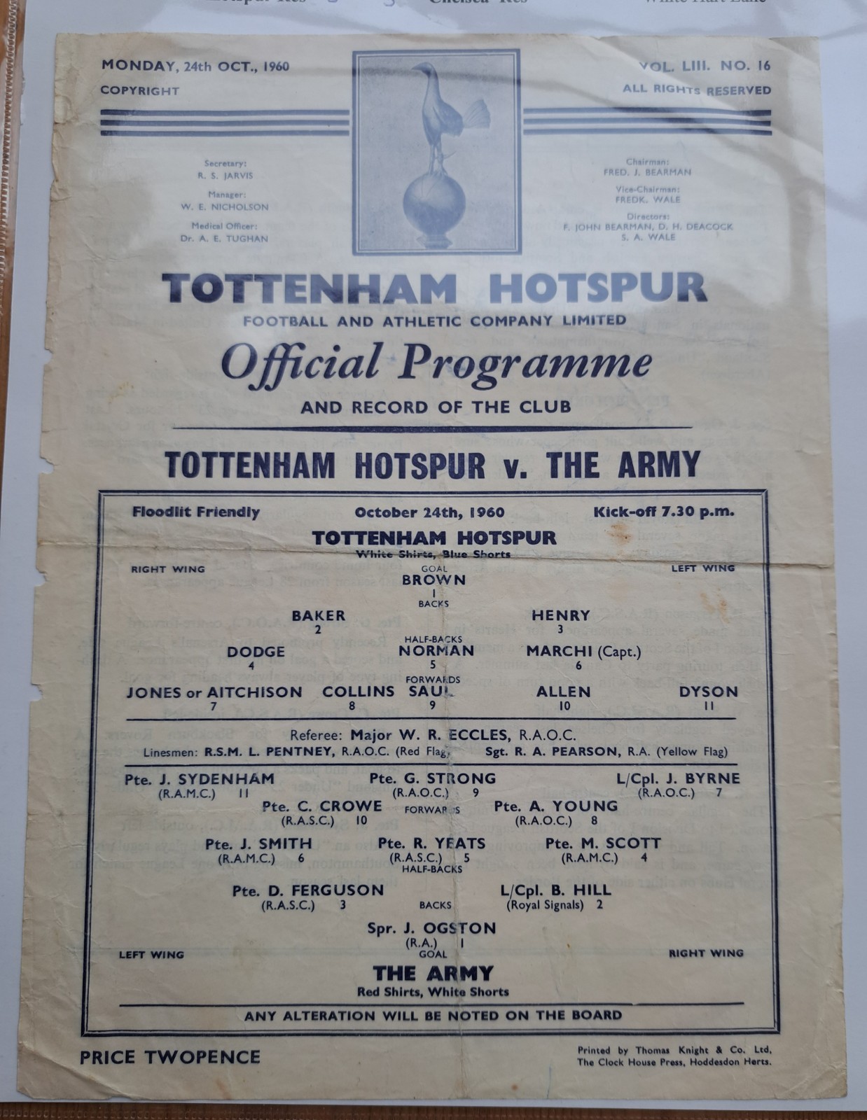 Tottenham / Spurs v The Army  24 October 1960  a rare programme for sale on Ebay