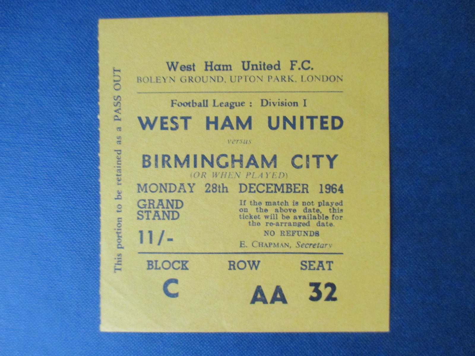 West Ham United v Birmingham City First Division Dec 1964 used ticket stub vgc for sale on Ebay