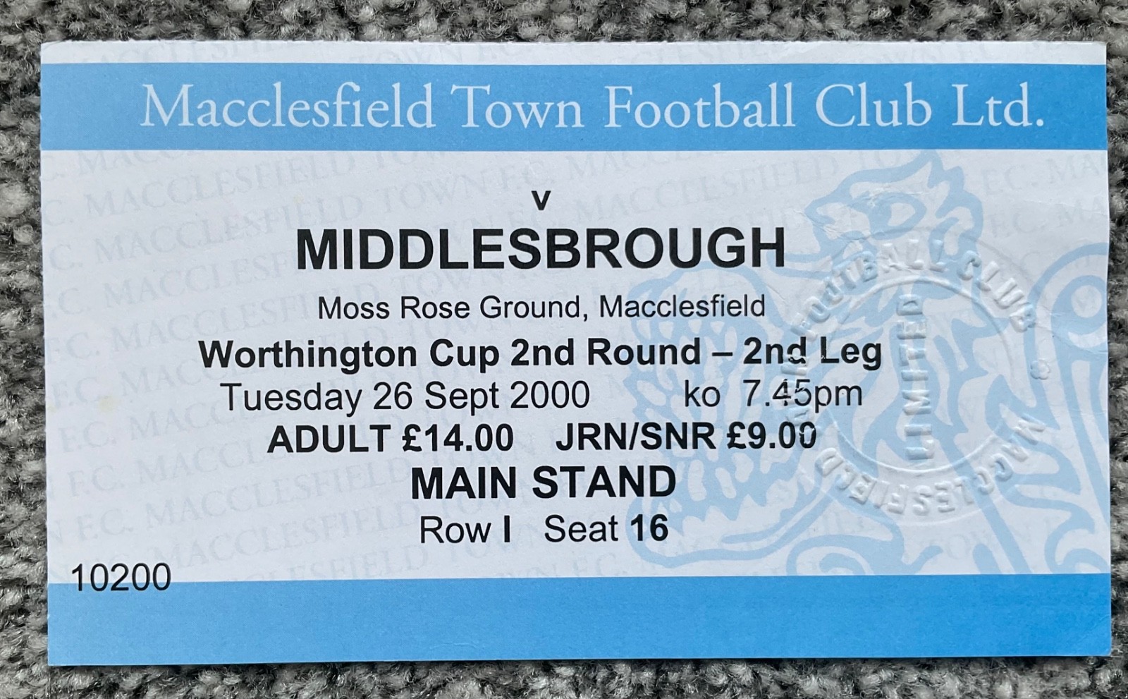 Ticket - Macclesfield Town v Middlesbrough (Worthington Cup) 2000/01 for sale on Ebay