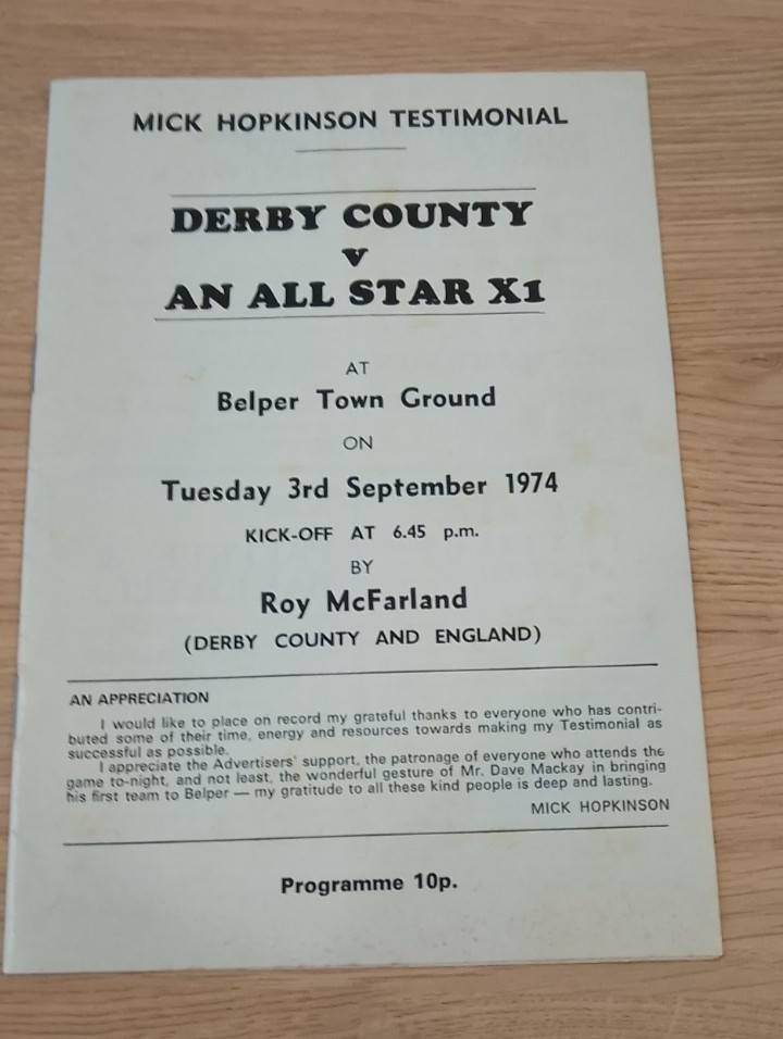 Rare 1974 Mick Hopkinson Testimonial Derby County v An All Star XI @ Belper Town for sale on Ebay