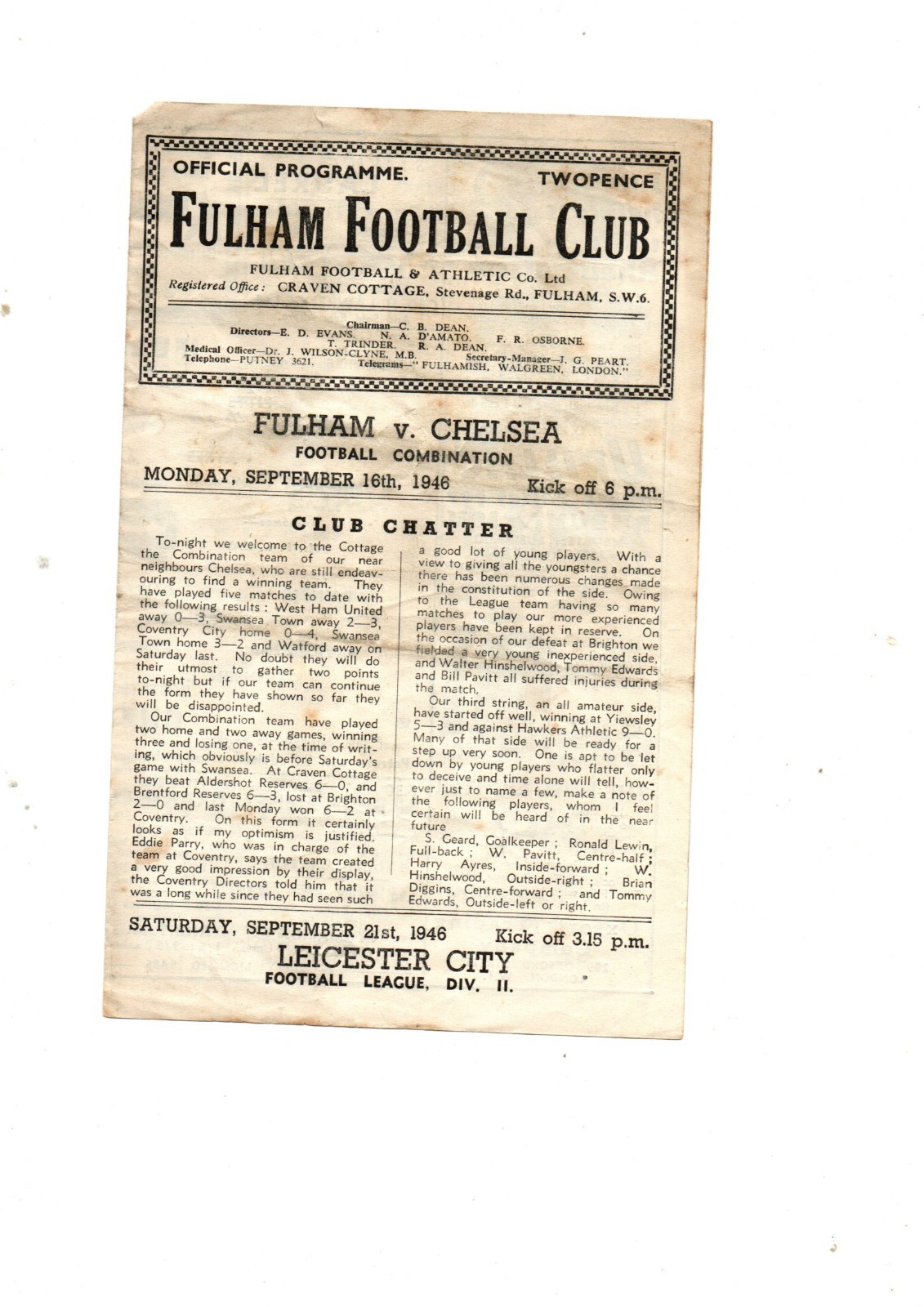 Fulham Res v Chelsea Res 1946 -1947 Sep16 for sale on Ebay