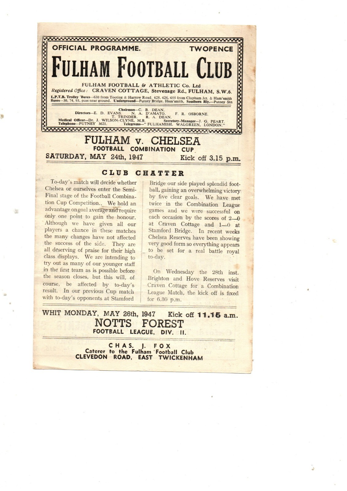 Fulham Res v Chelsea Res 1946 -1947 May24 Combination Cup for sale on Ebay