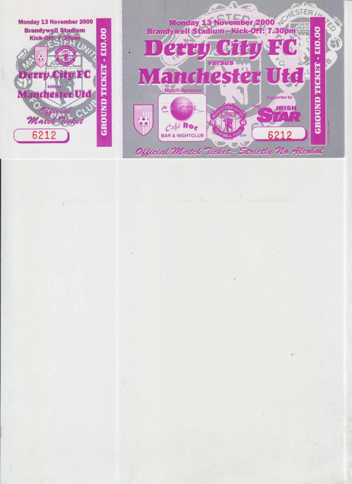 13  11  00  Derry  v  Man  Utd       match  ticket for sale on Ebay