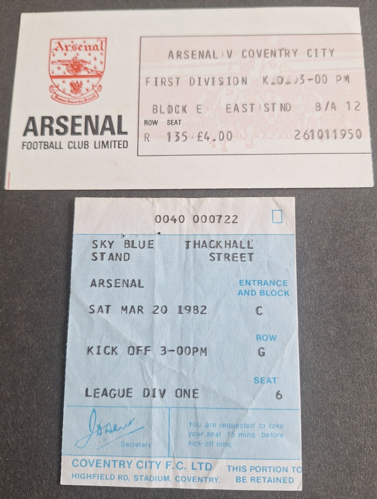 Arsenal versus Coventry City tickets home & away 1981/82 Season for sale on Ebay