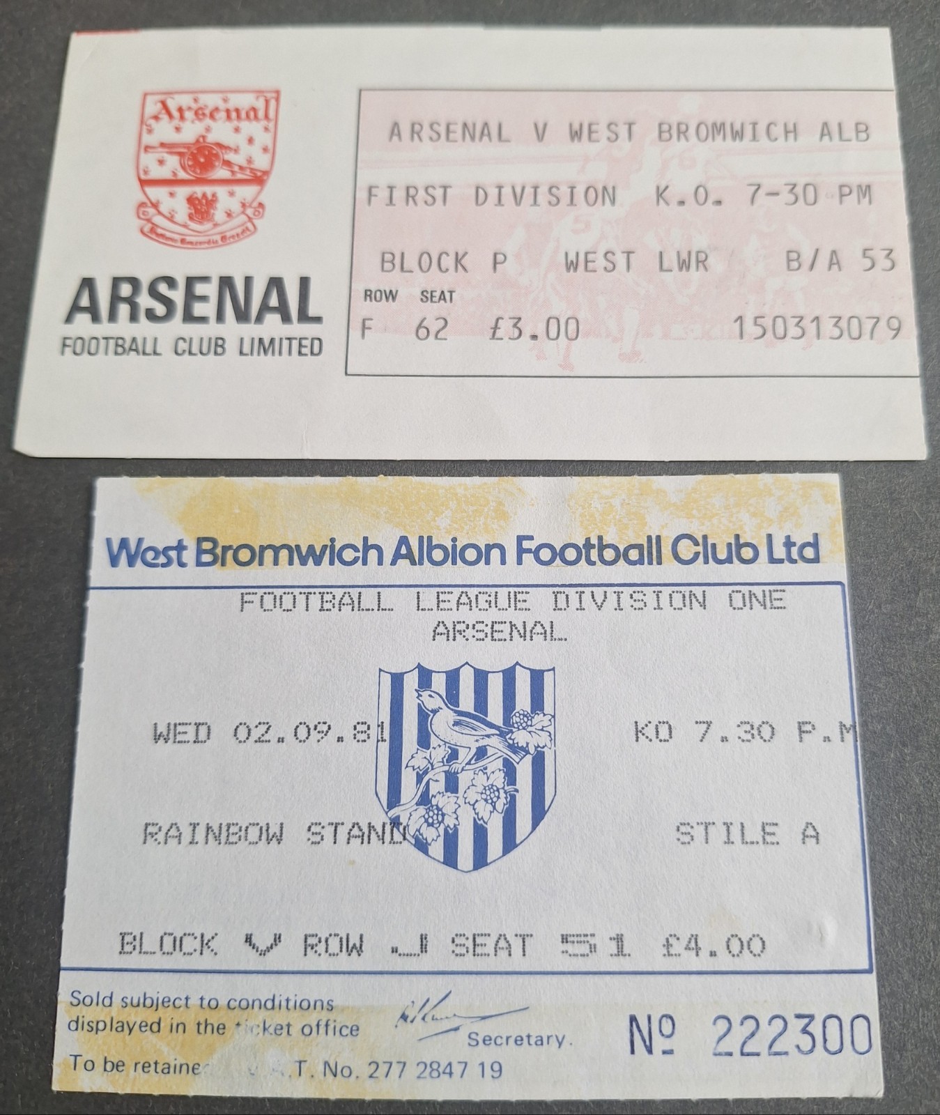 Arsenal versus West Bromwich Albion tickets home & away 1981/82 Season for sale on Ebay