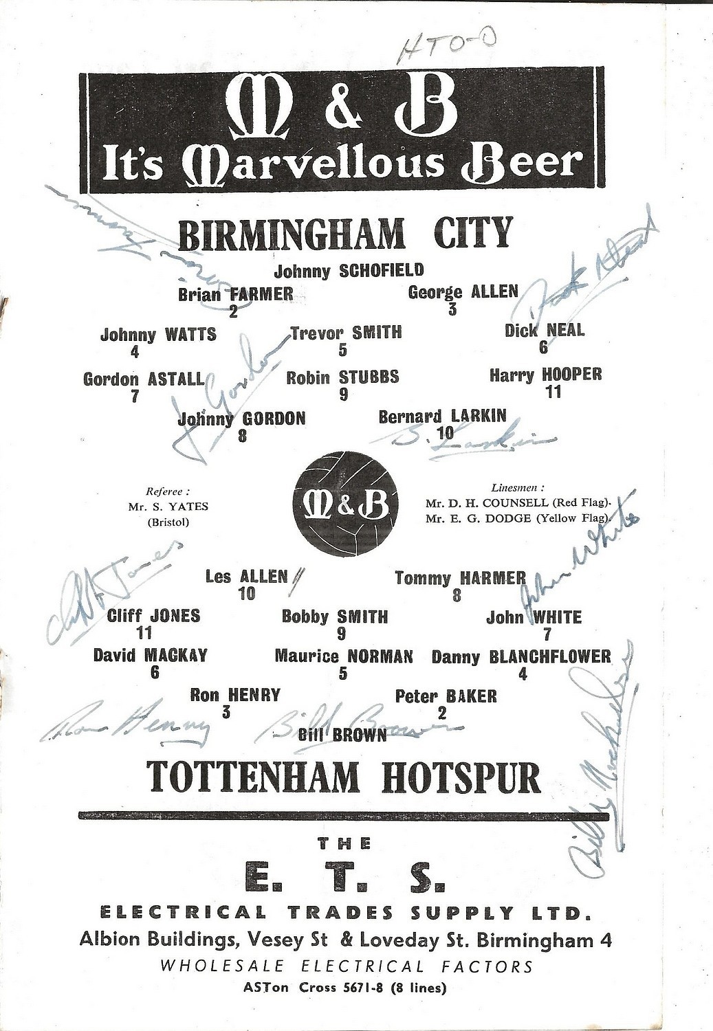 SIGNED Football Programme BIRMINGHAM CITY v TOTTENHAM Jan 1960 10 Autographs for sale on Ebay