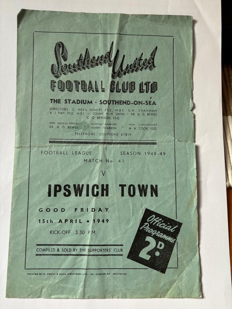 Southend United FC v Ipswich Town FC for sale on Ebay