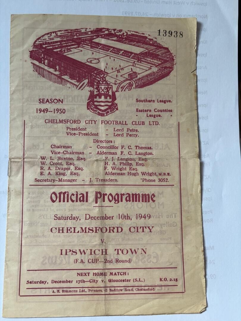 Chelmsford City FC v Ipswich Town FC 1949 for sale on Ebay