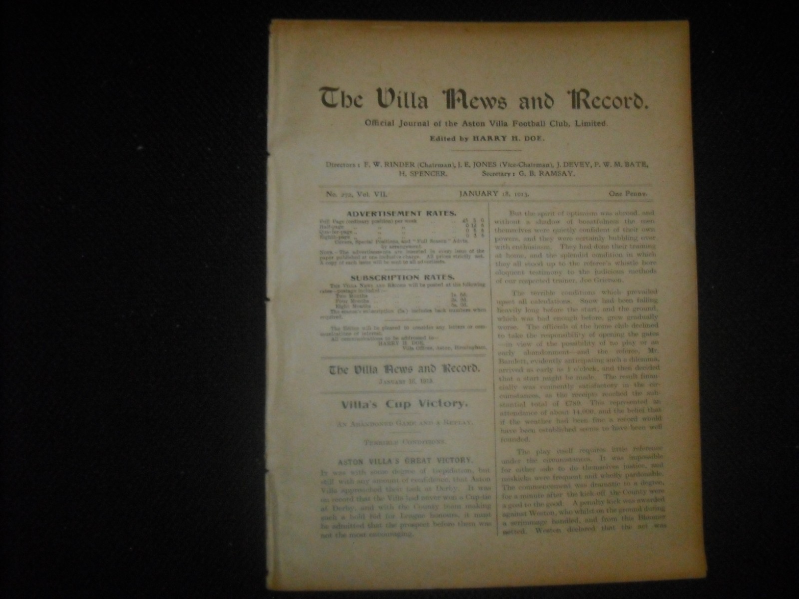 ASTON VILLA  V  DUDLEY TOWN  (B&DL)  18-1-13  1912/13  RARE for sale on Ebay