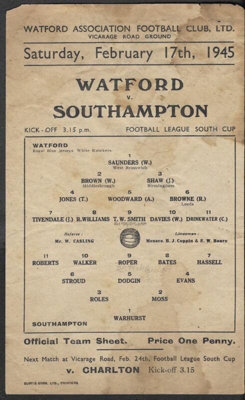 Watford v Southampton. Football League South Cup. 1944-1945 for sale on Ebay