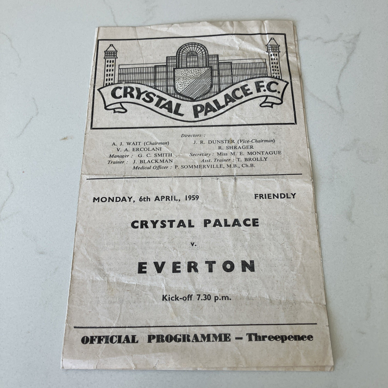Crystal Palace V Everton Football Programme Friendly 1959 for sale on Ebay