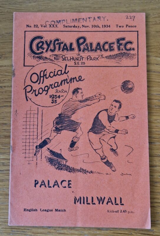 Crystal Palace  v Millwall 1934/35 Match Programme 10/11/34 for sale on Ebay