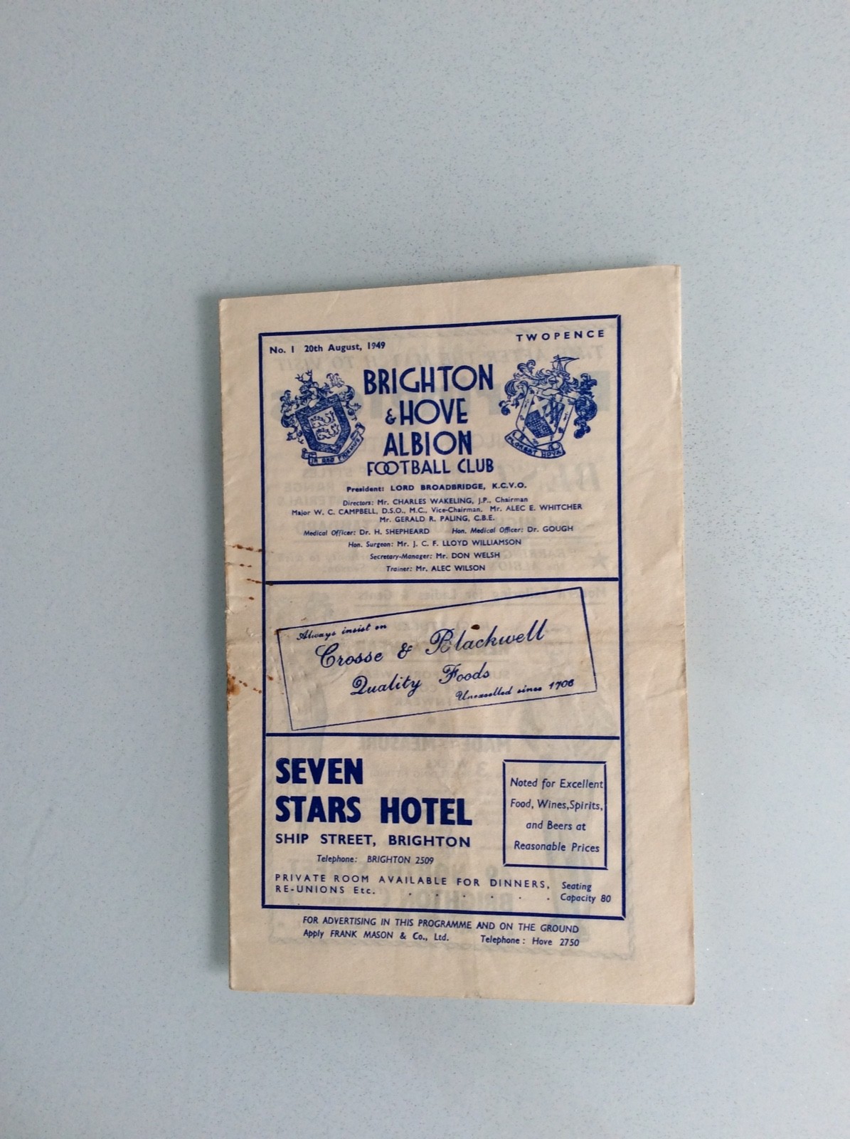 BRIGHTON AND HOVE ALBION V NOTTINGHAM FOREST 20.09.1949 LEAGUE GAME for sale on Ebay
