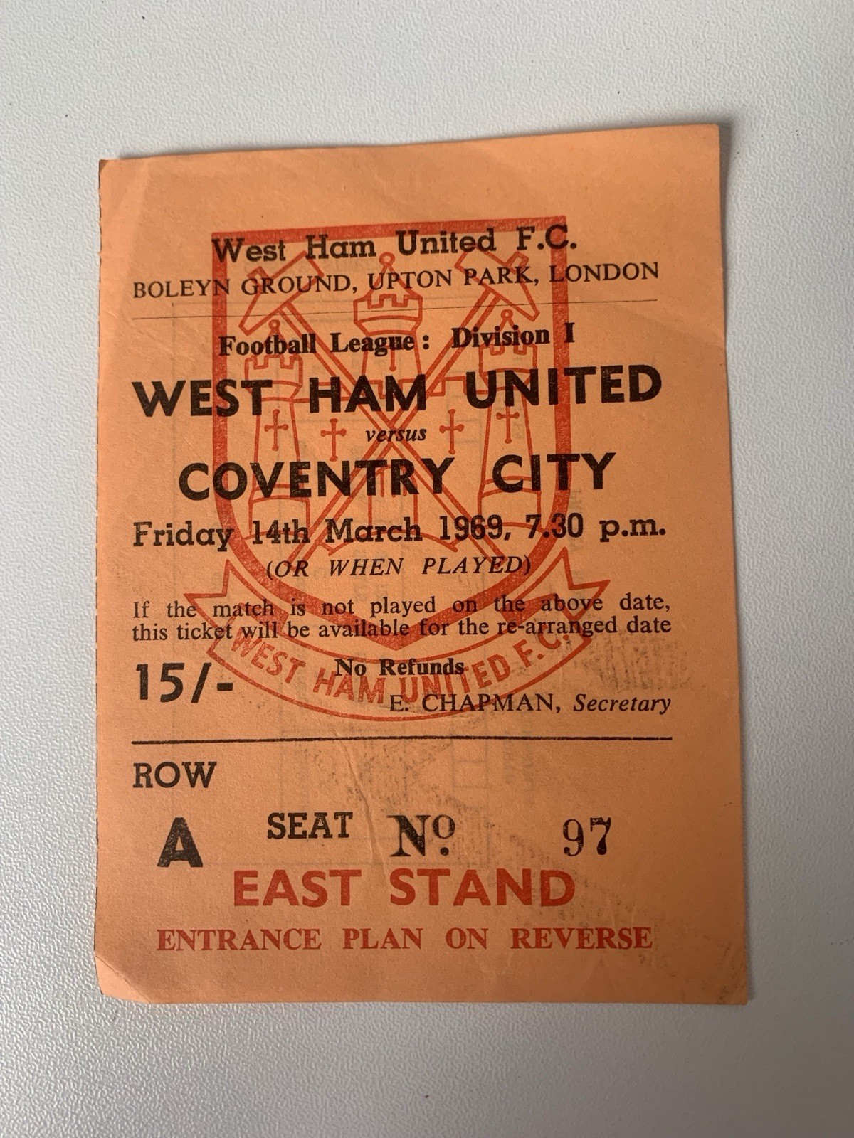 West Ham United v Coventry City Ticket Stub League Division One 14th March 1969 for sale on Ebay