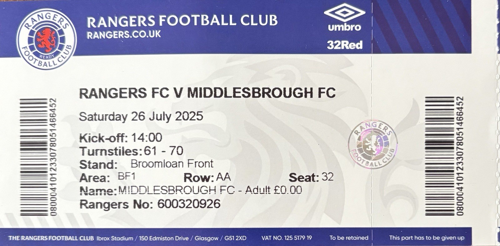 RANGERS V MIDDLESBROUGH 26.07.25 TICKET - FRIENDLY - RARE ONLY PRINT OUT TICKETS for sale on Ebay