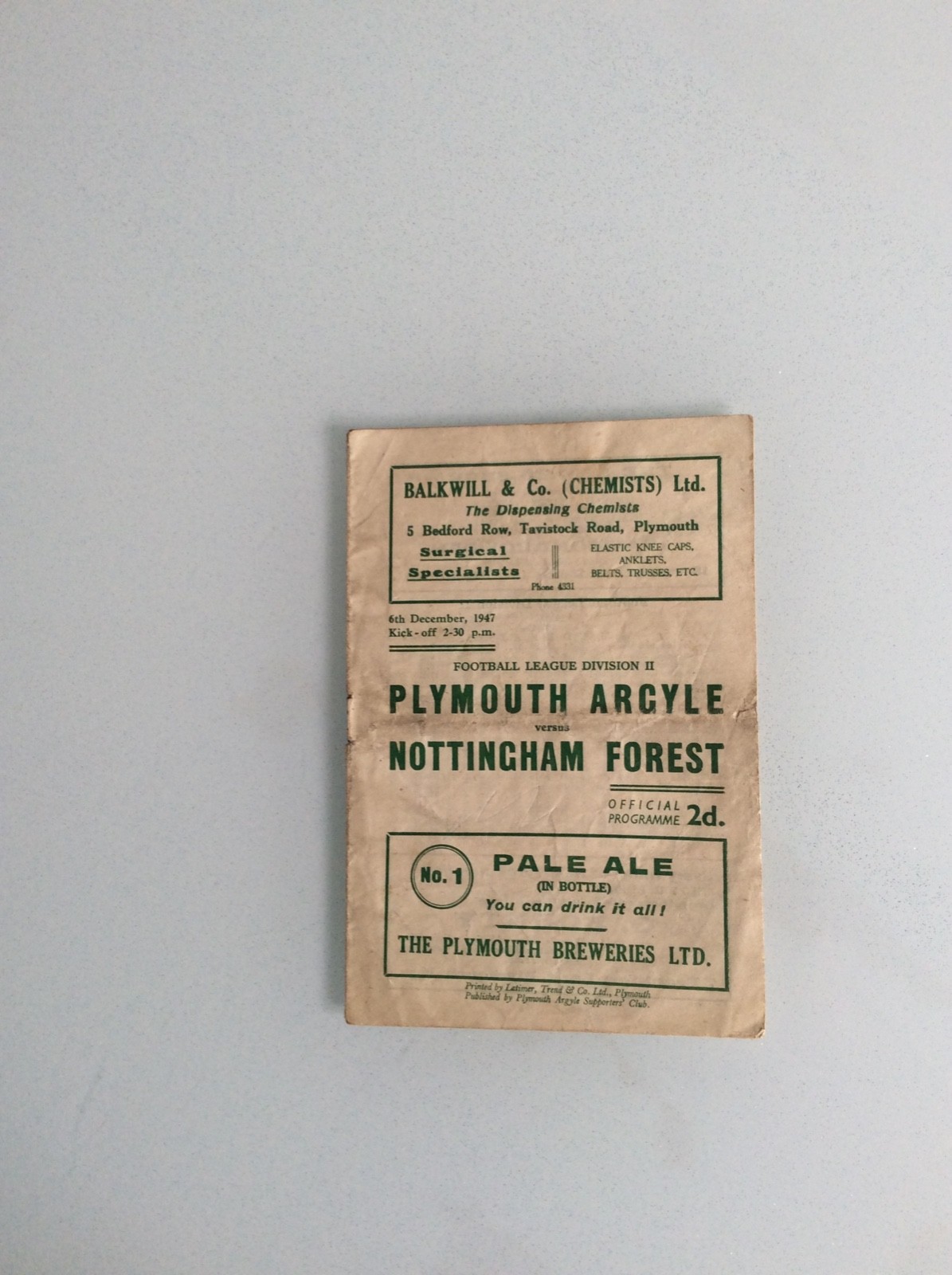 PLYMOUTH ARGYLE V NOTTINGHAM FOREST 06.12.1947 LEAGUE GAME for sale on Ebay